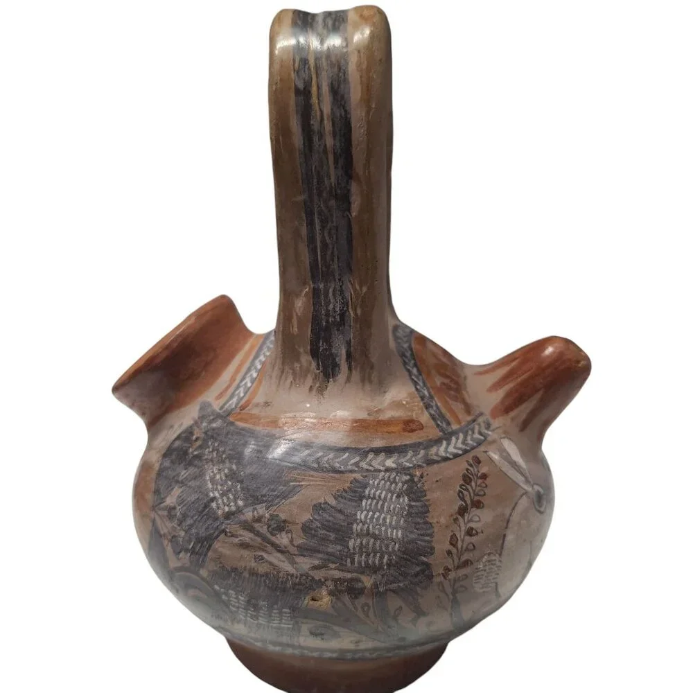 Tonala Pottery Double Spout Water Jug Rabbit Floral Agave Design Mexico Folk Art